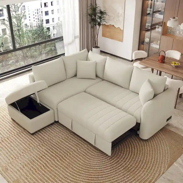 82.6" L-Shaped Sectional Sofa Bed with Pull-Out Feature, USB Ports, Power Sockets, and Movable Storage Ottoman - Bei