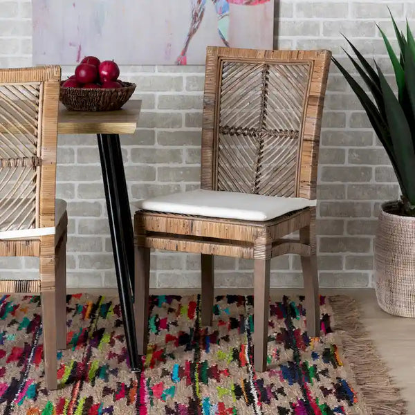 Laluna Contemporary Bohemian Rattan and Mahogany Dining Chair with Cushion