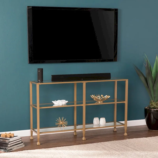 Jensen Gold Metal Console Table with Glass Shelves by SEI Furniture - Narrow Design