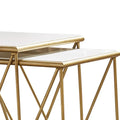 Set of 2 Marble Top Nesting Tables with Geometric Gold Base, White Finish
