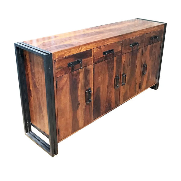 Handcrafted Sheesham Wood and Iron Sideboard with 4 Doors and 4 Drawers - 71 x 18 x 35 inches (India)