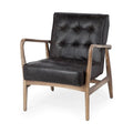 Phineas Black Genuine Leather Accent Chair with Brown Solid Wood Frame