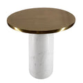 Modern 17-Inch Round Brass Accent End Table with Cylindrical Marble Base in Brass and White