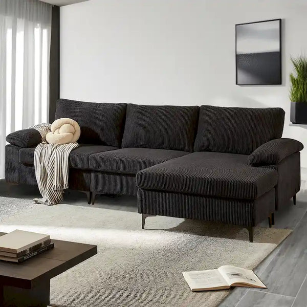HOOOWOOO Reversible Corduroy Chaise Sofa with Wide Armrests and Ottoman for Living Room