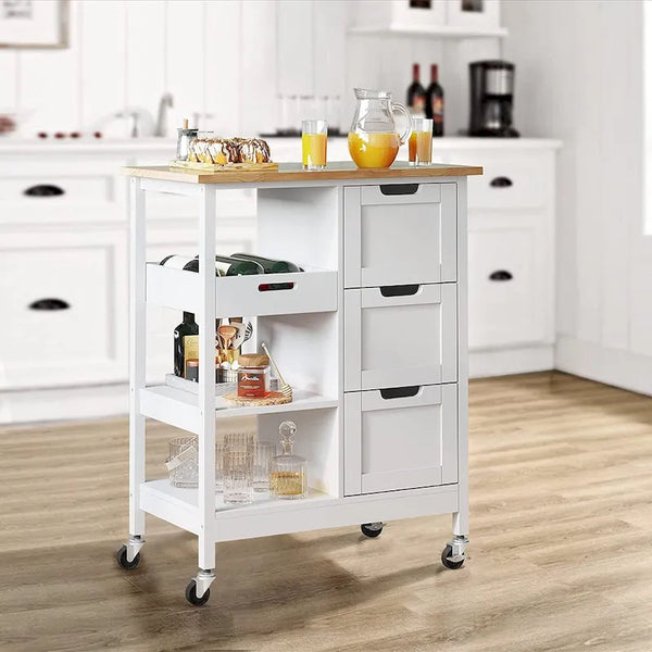 Kleio Solid Wood Kitchen Island Storage Cart with 3 Drawers - Rolling Serving Trolley