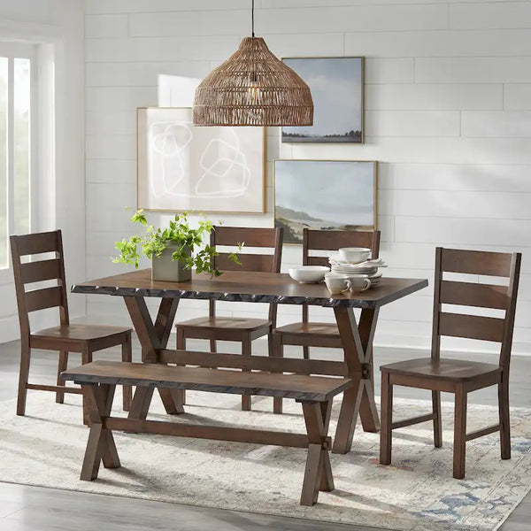 6-Piece Rustic Farmhouse Dining Set Table Chairs & Bench Walnut Finish