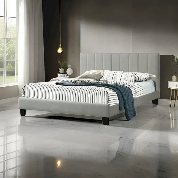 Eve California King Bed with Deep Channel Tufting in Light Gray Upholstery