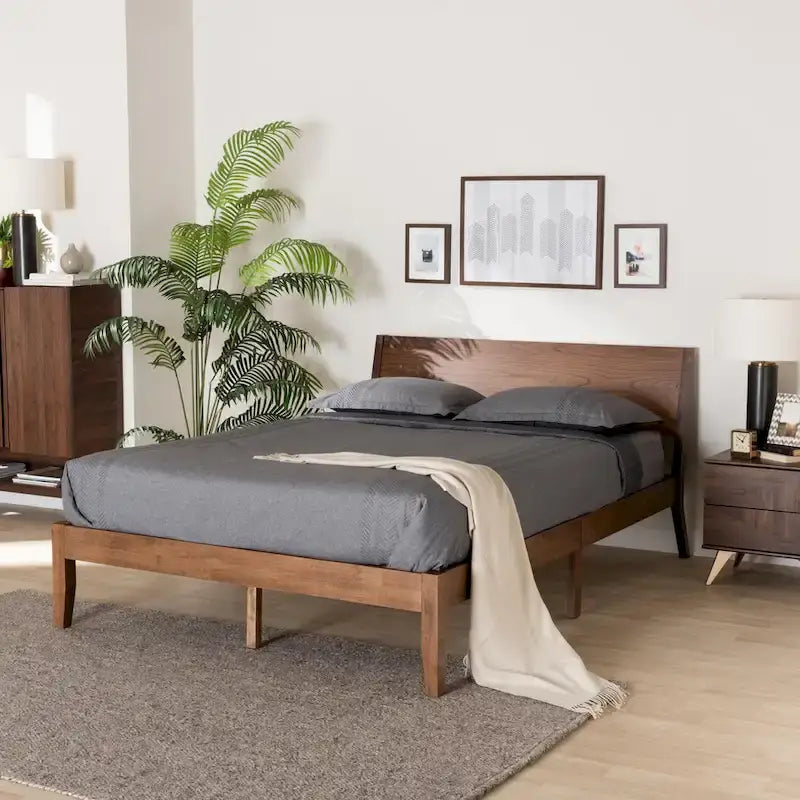 Salvatore Mid-Century Modern Walnut Brown Wood Platform Bed