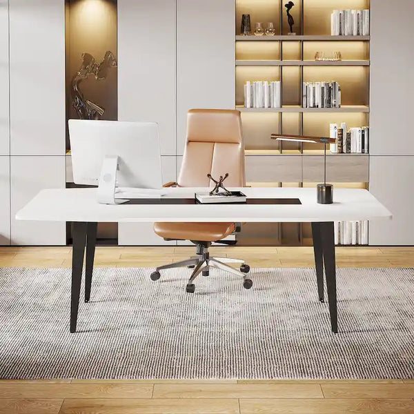70.86-Inch White Boat-Shaped Office Desk with Sturdy Metal Legs