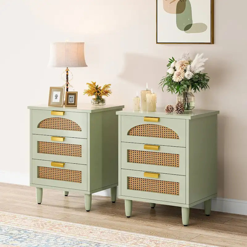 20-Inch Green Wooden Nightstand with 3 Drawers - Bedside Storage Cabinet for Bedroom