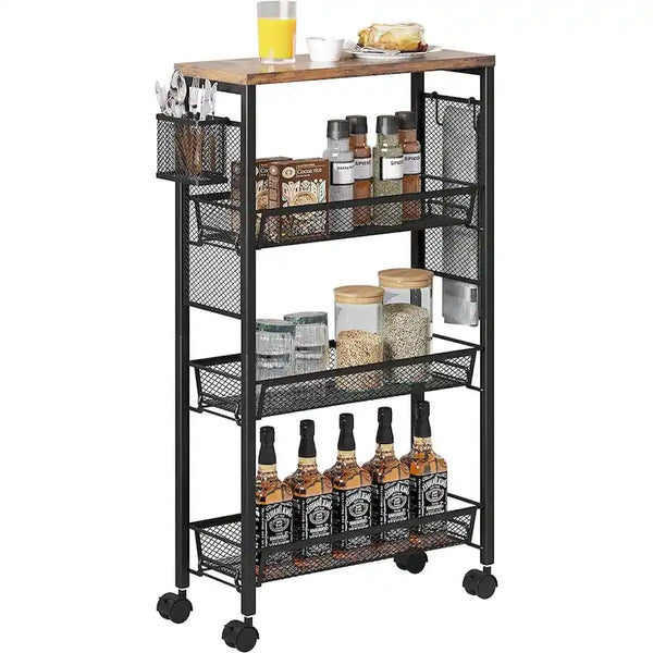 Kleio 4-Tier Wooden Kitchen Cart with Wheels and Baskets - Mobile Utility Storage