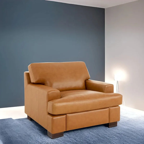 Luxurious Genuine Leather Accent Chair with Goose Feather Cushion, Square Arm Design, and Sturdy Block Legs