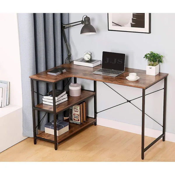 JJS L-Shaped Corner Desk for Home Office with Integrated Bookcase