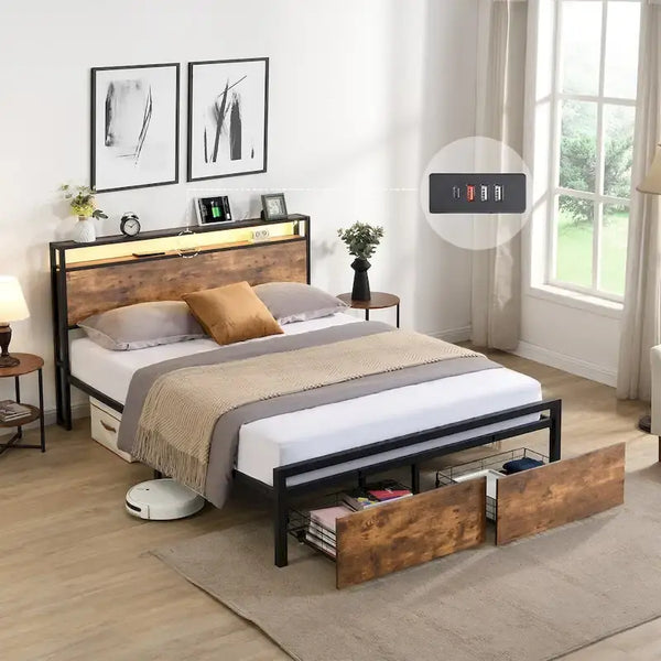 Full Size Bed Frame with Storage Headboard, 2 Drawers, LED Lighting, and Built-in Charging Station