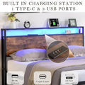 Full Size Bed Frame with Storage Headboard, 2 Drawers, LED Lighting, and Built-in Charging Station