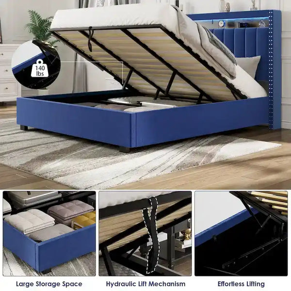 King Size Velvet Gas Lift Storage Bed with LED RF Lights and Storage Headboard