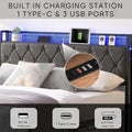 Upholstered Queen Bed Frame with Built-in Charging Station and LED Lights - Sturdy Platform Design with Heavy Metal Slats, No Box Spring Required