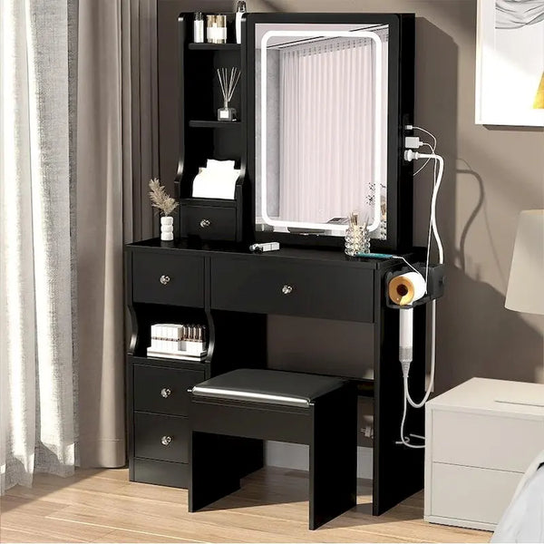 LED Mirror Makeup Vanity with Left Drawer, USB Charging Station, and Padded Stool
