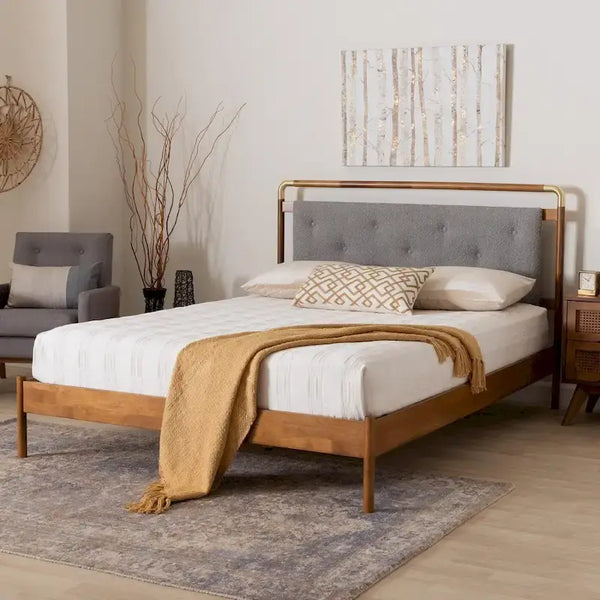 Edwina Queen Size Platform Bed in Light Grey Boucle Fabric with Walnut Brown Wood Accents