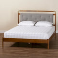 Edwina Queen Size Platform Bed in Light Grey Boucle Fabric with Walnut Brown Wood Accents