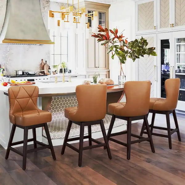 LUE BONA Set of 4 Mid-Century Modern 26-Inch Swivel Counter Stools with Faux Leather and Fabric Upholstery for Kitchen Island