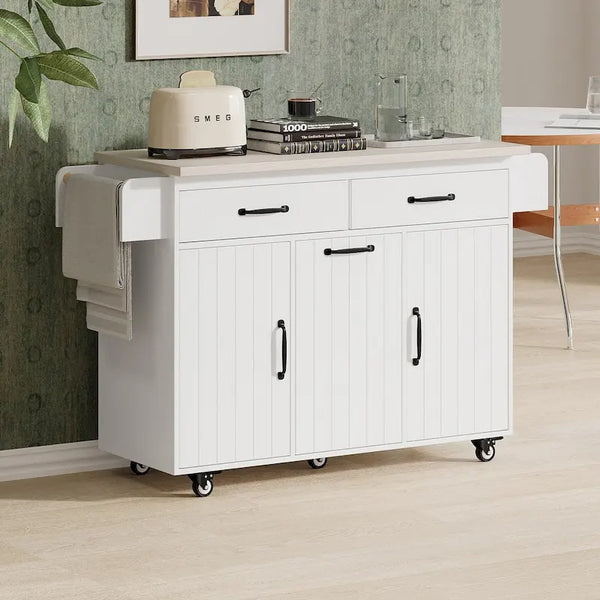 Kitchen Island with Built-In Trash Can Storage and Drop Leaf Cart