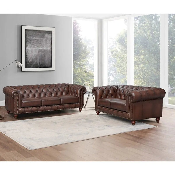 Hydeline Alton Bay Top Grain Leather Chesterfield Sofa and Loveseat Set