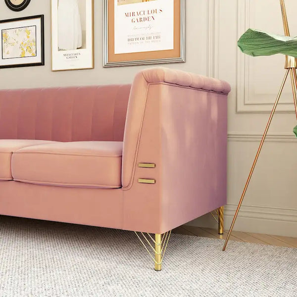 Contemporary Velvet Upholstered 3-Seat Sofa with Golden Metal Legs - Pink Living Room Couch (83.46" x 30.51" x 31.9")