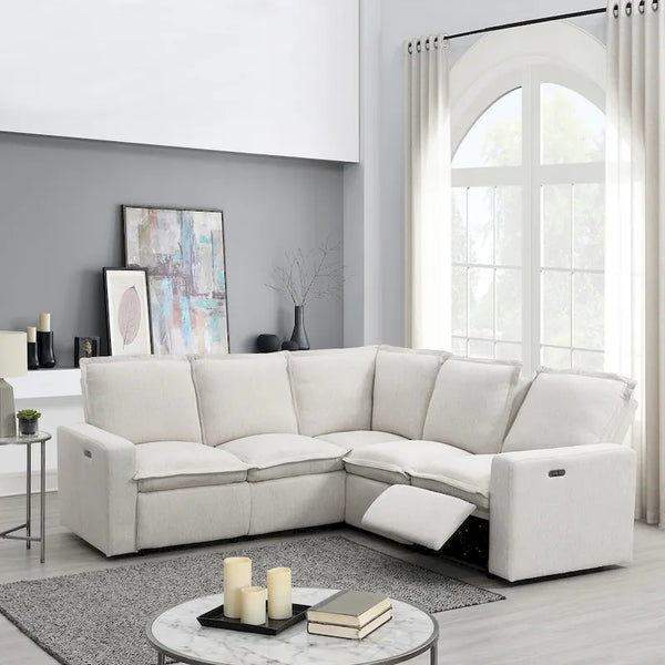 Linen Upholstered Power Recliner L-Shaped Sectional Sofa with USB Port - Soft Home Theater Seating for Living Room