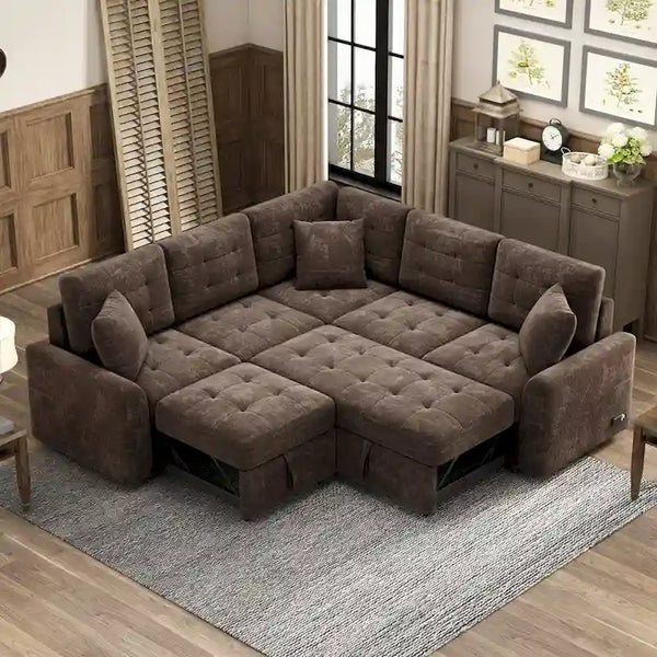 L-Shaped Pull-Out Sleeper Sofa with Wheels, USB Charging Ports, and Power Outlets
