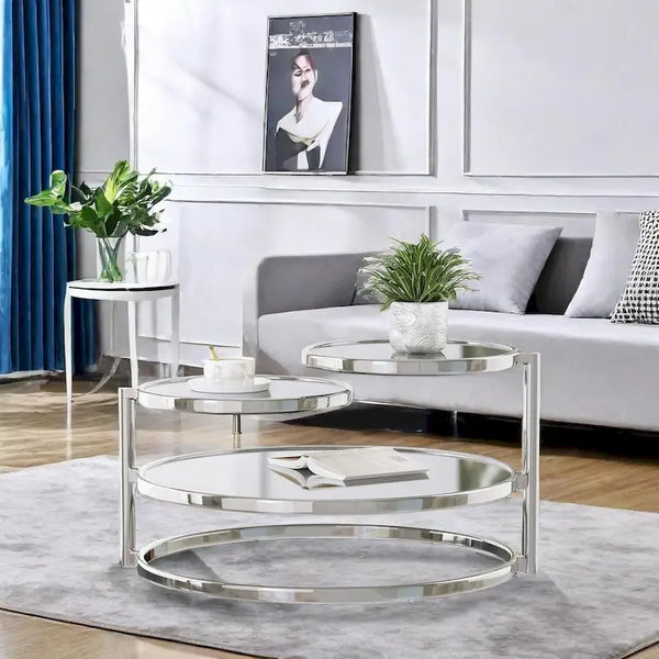 3-Tier Round Glass Coffee Table with 360-Degree Rotating Top