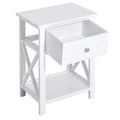 Farmhouse Style Side Table with Storage Drawer and Open Shelf, X-Frame Design, White Bedside Table for Living Room