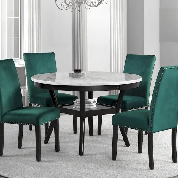 Kate 47-Inch Round Dining Table with Faux Marble Surface in White and Brown