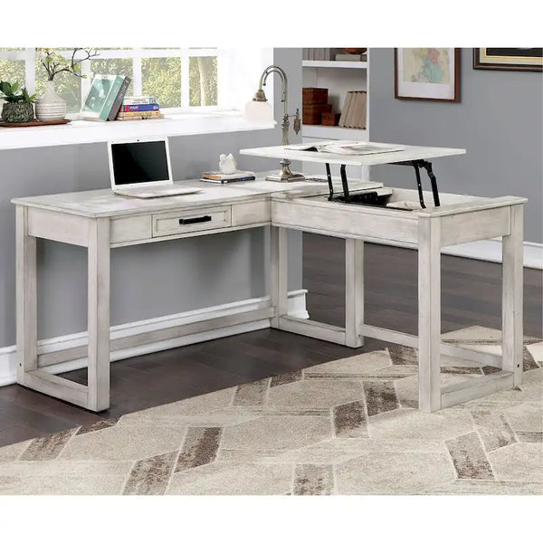 Lemper Antique White Wood Lift-Top Corner Desk with USB Port - Farmhouse Style by Furniture of America