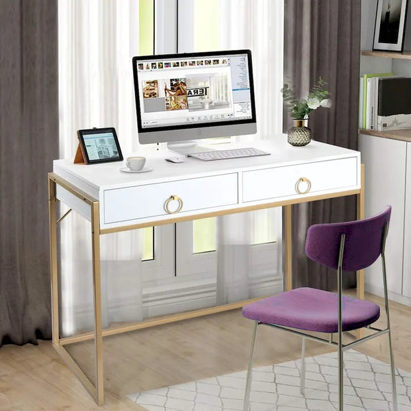 Anmytek Contemporary White and Gold Computer Desk - Stylish Vanity Writing Table with 2 Drawers for Home Office