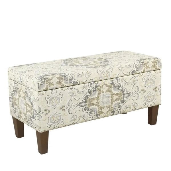 Large Brown and Cream Medallion Print Upholstered Wooden Bench with Hinged Storage