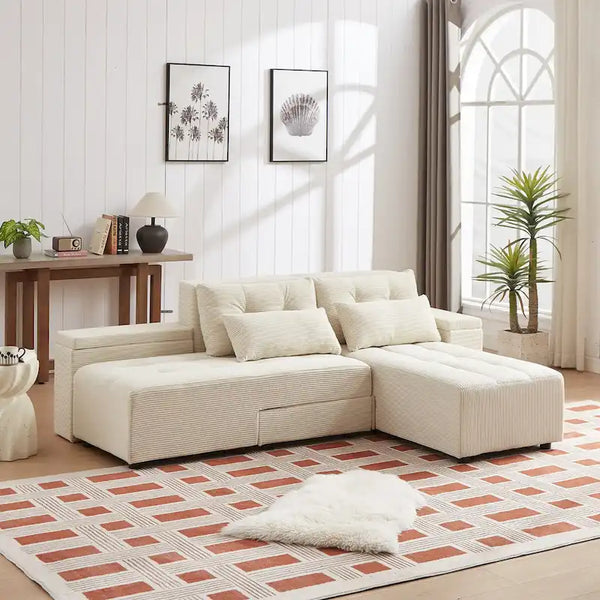 Beige Modular Corduroy Sleeper Sofa and Sectional Set - Versatile 3-in-1 Design