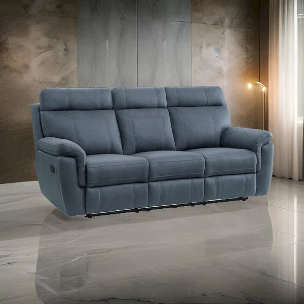 Cliff 85-Inch Blue Microfiber Manual Reclining Sofa with Solid Wood and Metal Frame