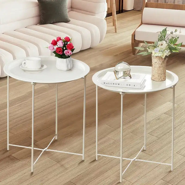 Javlergo Set of 2 Folding Round Steel TV Tray Tables - Compact Side Tables, No Assembly Needed - Dimensions: 18.5 x 18.5 x 19.7 in