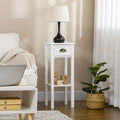 White 2-Tier Narrow Side Table with Drawer and Bottom Shelf for Living Room or Bedroom
