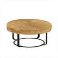 Contemporary Round Wooden Coffee Table with Intricate Carving and Metal Legs