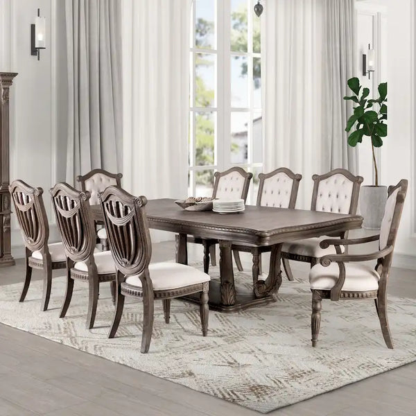 Furniture of America Cassian Classic 9-Piece Expandable Dining Set in Weathered Oak Solid Wood