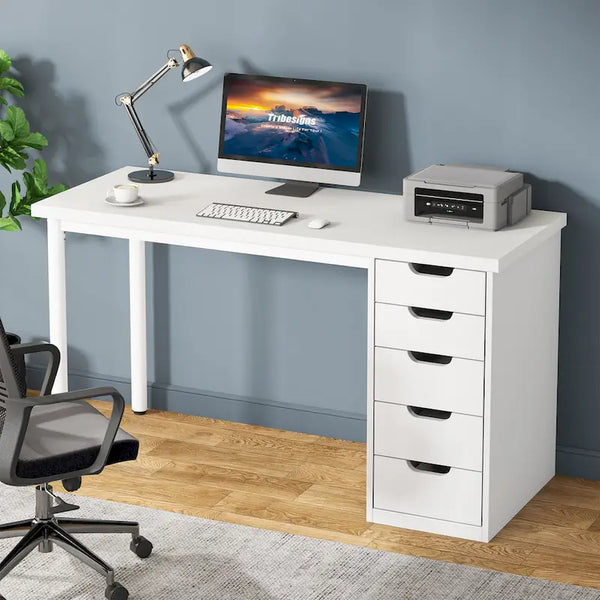 Contemporary Minimalist Computer Desk with 5 Drawer Storage for Study and Writing