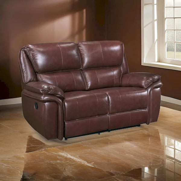 Jack 66-Inch Manual Recliner Loveseat in Plush Brown Top Grain Leather with Wood Accents