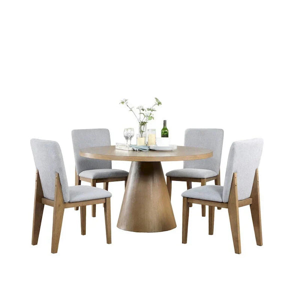 5-Piece Round Dining Table Set with Gray Linen Chairs - Seats 4