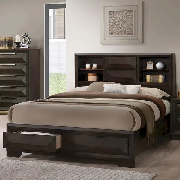 Furniture of America Zuloey Transitional Espresso Wood Platform Bed with Bookcase Headboard and Storage Drawers