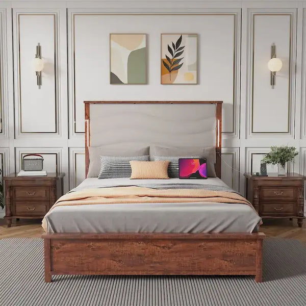 King Size Upholstered Bed Frame with Integrated Charging Station